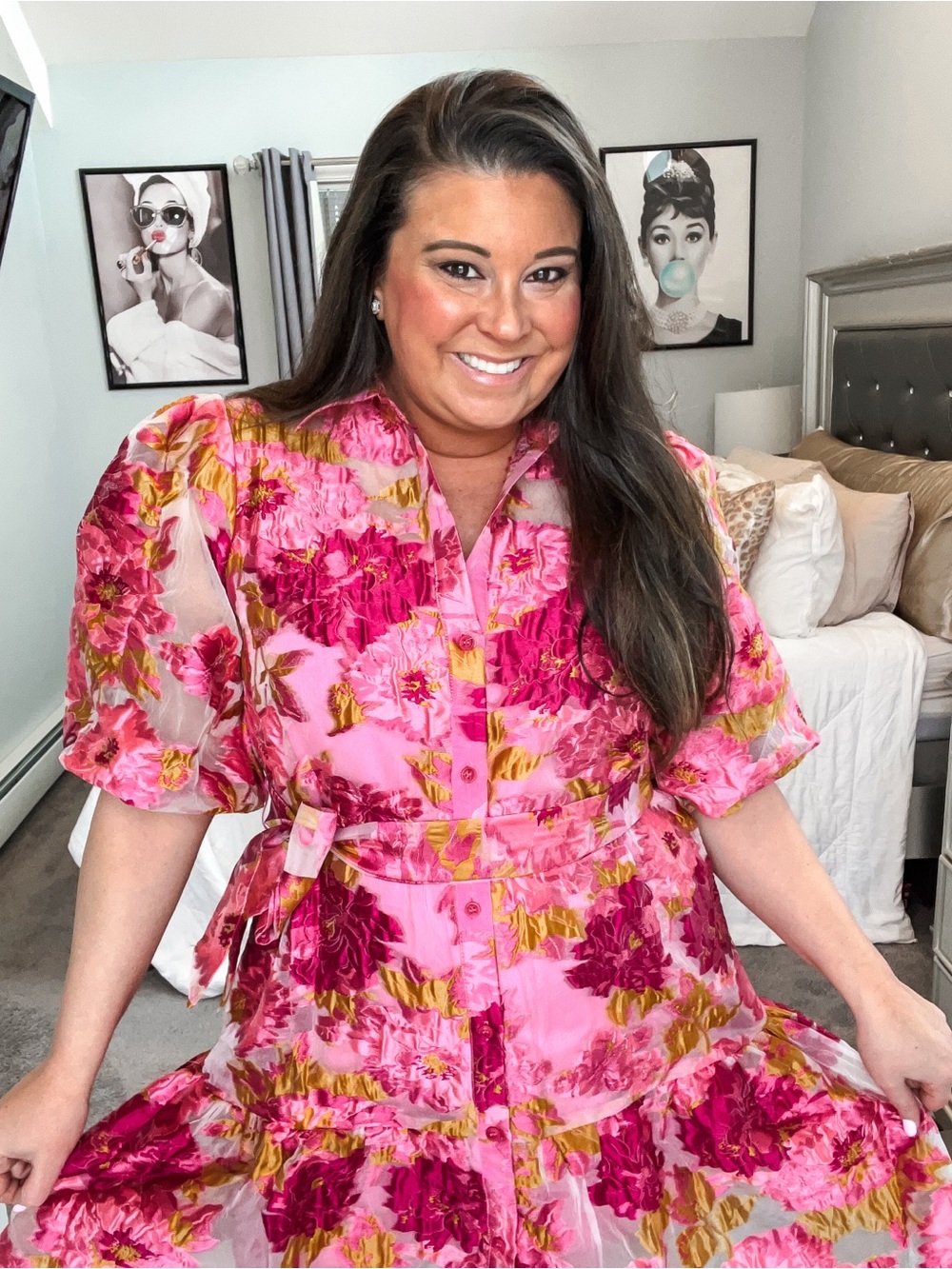 Pink & Yellow Floral Puff Sleeve Shirt Dress